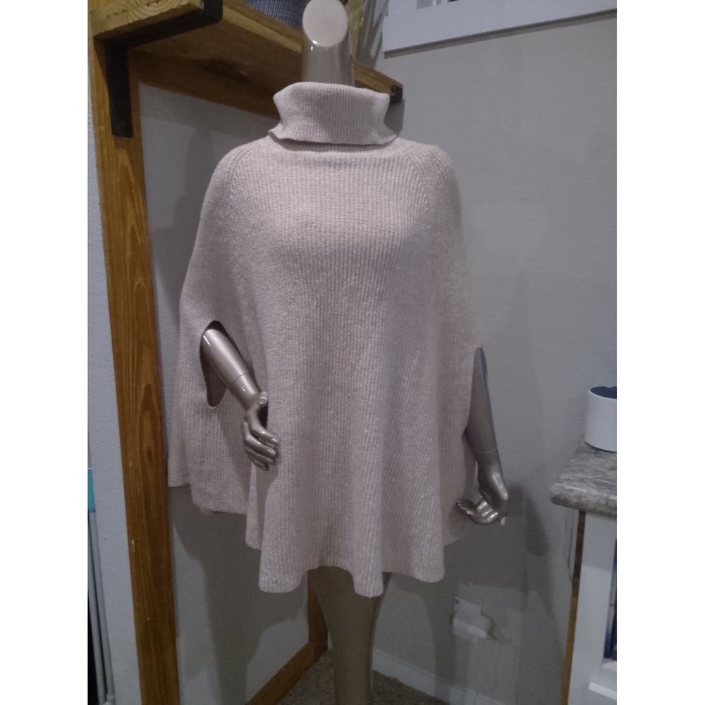 Kirundo Womens Beige Ribbed Turtleneck Poncho Sweater Cape XL